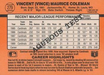 1990 Donruss Aqueous Test #279 Vince Coleman Back