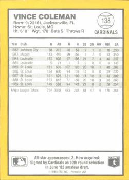 1990 Donruss Best of the NL #138 Vince Coleman Back