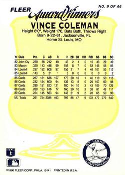 Yellow ST 1990  VINCE COLEMAN Kenner Starting Lineup Card LOUIS CARDINALS 