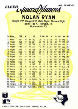 1990 Fleer Award Winners #29 Nolan Ryan Back