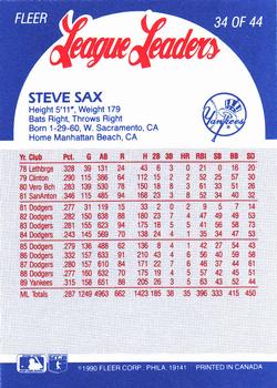 1990 Fleer League Leaders #34 Steve Sax Back
