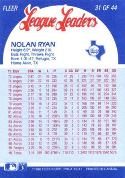 1990 Fleer League Leaders #31 Nolan Ryan Back