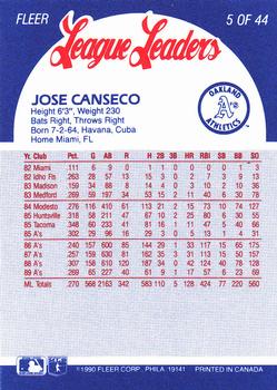 1990 Fleer League Leaders #5 Jose Canseco Back