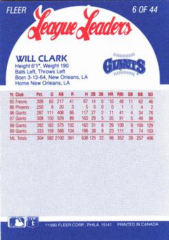 1990 Fleer League Leaders #6 Will Clark Back