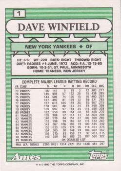1990 Topps Ames All-Stars #1 Dave Winfield Back