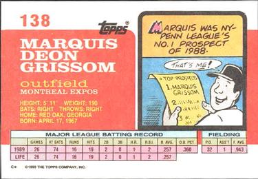 1990 Topps Big #138 Marquis Grissom Back