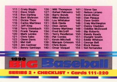1990 Topps Big #220 Series 2 Checklist: 111-220 Front
