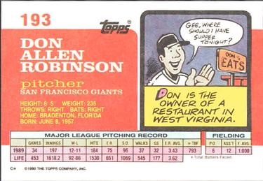 1990 Topps Big #193 Don Robinson Back