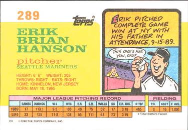 1990 Topps Big #289 Erik Hanson Back