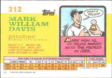 1990 Topps Big #312 Mark Davis Back