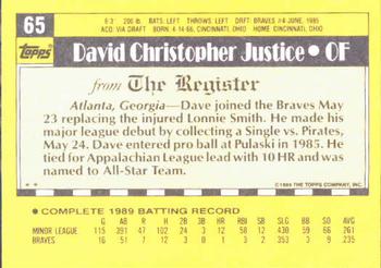 1990 Topps Major League Debut 1989 #65 Dave Justice Back