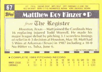 1990 Topps Major League Debut 1989 #67 Matt Kinzer Back