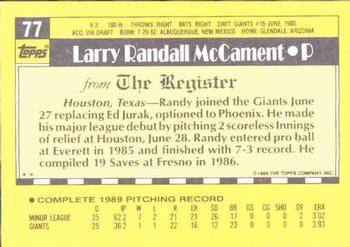 1990 Topps Major League Debut 1989 #77 Randy McCament Back