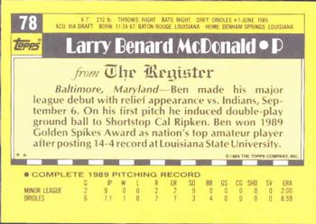 1990 Topps Major League Debut 1989 #78 Ben McDonald Back