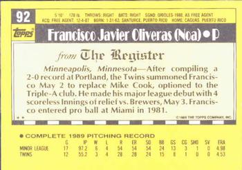 1990 Topps Major League Debut 1989 #92 Francisco Oliveras Back