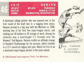 1989 Baseball Cards Magazine '59 Topps Replicas #46 Erik Hanson Back