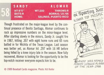 1989 Baseball Cards Magazine '59 Topps Replicas #58 Sandy Alomar Jr. Back