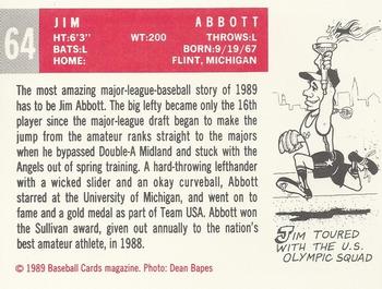 1989 Baseball Cards Magazine '59 Topps Replicas #64 Jim Abbott Back