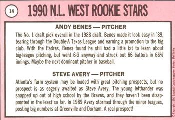 1990 Baseball Cards Magazine '69 Topps Repli-Cards #14 NL West Rookies (Andy Benes / Steve Avery) Back