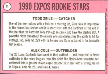 1990 Baseball Cards Magazine '69 Topps Repli-Cards #31 Cardinals Rookies (Todd Zeile / Alex Cole) Back