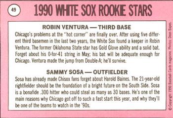 1990 Baseball Cards Magazine '69 Topps Repli-Cards #49 White Sox Rookies (Robin Ventura / Sammy Sosa) Back