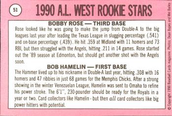 1990 Baseball Cards Magazine '69 Topps Repli-Cards #51 AL West Rookies (Bobby Rose / Bob Hamelin) Back