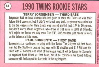 1990 Baseball Cards Magazine '69 Topps Repli-Cards #54 Twins Rookies (Terry Jorgensen / Paul Sorrento) Back