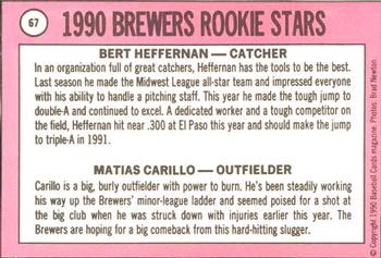 1990 Baseball Cards Magazine '69 Topps Repli-Cards #67 Brewers Rookies (Bert Heffernan / Matias Carrillo) Back