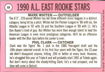 1990 Baseball Cards Magazine '69 Topps Repli-Cards #69 AL East Rookies (Mark Whiten / Phil Clark) Back