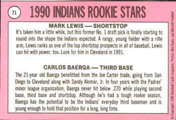 1990 Baseball Cards Magazine '69 Topps Repli-Cards #71 Indians Rookies (Mark Lewis / Carlos Baerga) Back