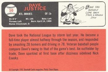 1991 Baseball Cards Magazine '66 Topps Replicas #10 Dave Justice Back