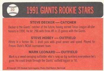 1991 Baseball Cards Magazine '66 Topps Replicas #20 Giants Rookies (Steve Decker / Steve Hosey / Mark Leonard) Back