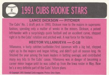 1991 Baseball Cards Magazine '66 Topps Replicas #2 Cubs Rookies (Lance Dickson / Hector Villanueva) Back