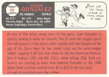 1991 Baseball Cards Magazine '66 Topps Replicas #58 Juan Gonzalez Back