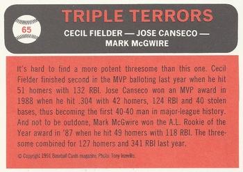 1991 Baseball Cards Magazine '66 Topps Replicas #65 Triple Terrors (Cecil Fielder / Jose Canseco / Mark McGwire) Back