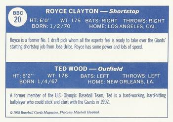 1992 Baseball Cards Magazine '70 Topps Replicas #20 Royce Clayton / Ted Wood Back