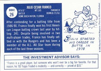 1992 Baseball Cards Magazine '70 Topps Replicas #26 Julio Franco Back
