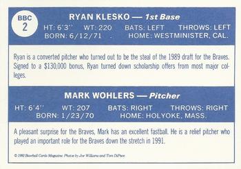 1992 Baseball Cards Magazine '70 Topps Replicas #2 Ryan Klesko / Mark Wohlers Back