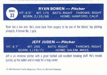 1992 Baseball Cards Magazine '70 Topps Replicas #33 Ryan Bowen / Jeff Juden Back