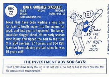 1992 Baseball Cards Magazine '70 Topps Replicas #22 Juan Gonzalez Back