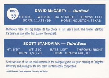 1992 Baseball Cards Magazine '70 Topps Replicas #59 David McCarty / Scott Stahoviak Back