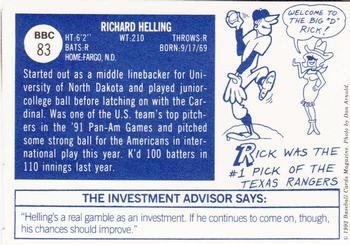 1992 Baseball Cards Magazine '70 Topps Replicas #83 Rick Helling Back