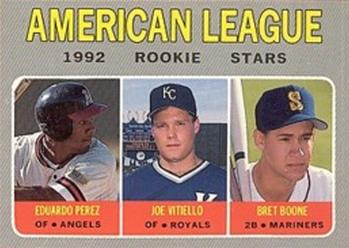 1992 Baseball Cards Magazine '70 Topps Replicas #67 AL Rookie Stars (Eduardo Perez / Joe Vitiello / Bret Boone) Front