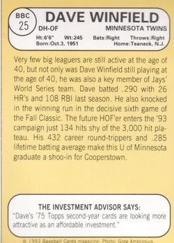 1993 Baseball Card Magazine / Sports Card Magazine #BBC25 Dave Winfield Back