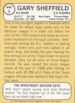 1993 Baseball Card Magazine / Sports Card Magazine #BBC4 Gary Sheffield Back
