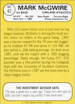 1993 Baseball Card Magazine / Sports Card Magazine #SC42 Mark McGwire Back
