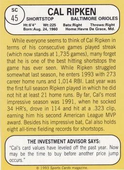 1993 Baseball Card Magazine / Sports Card Magazine #SC45 Cal Ripken Back