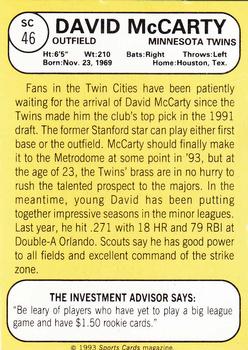 1993 Baseball Card Magazine / Sports Card Magazine #SC46 David McCarty Back