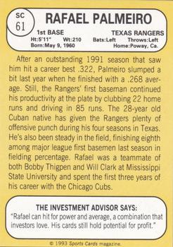 1993 Baseball Card Magazine / Sports Card Magazine #SC61 Rafael Palmeiro Back