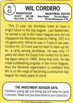 1993 Baseball Card Magazine / Sports Card Magazine #SC63 Wil Cordero Back